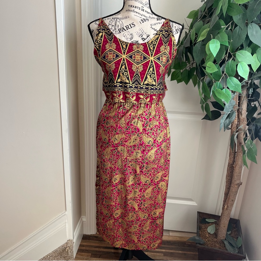 Boho Chic Ethnic Print Elastic Waist Midi Dress Gold Fuchsia Sz S